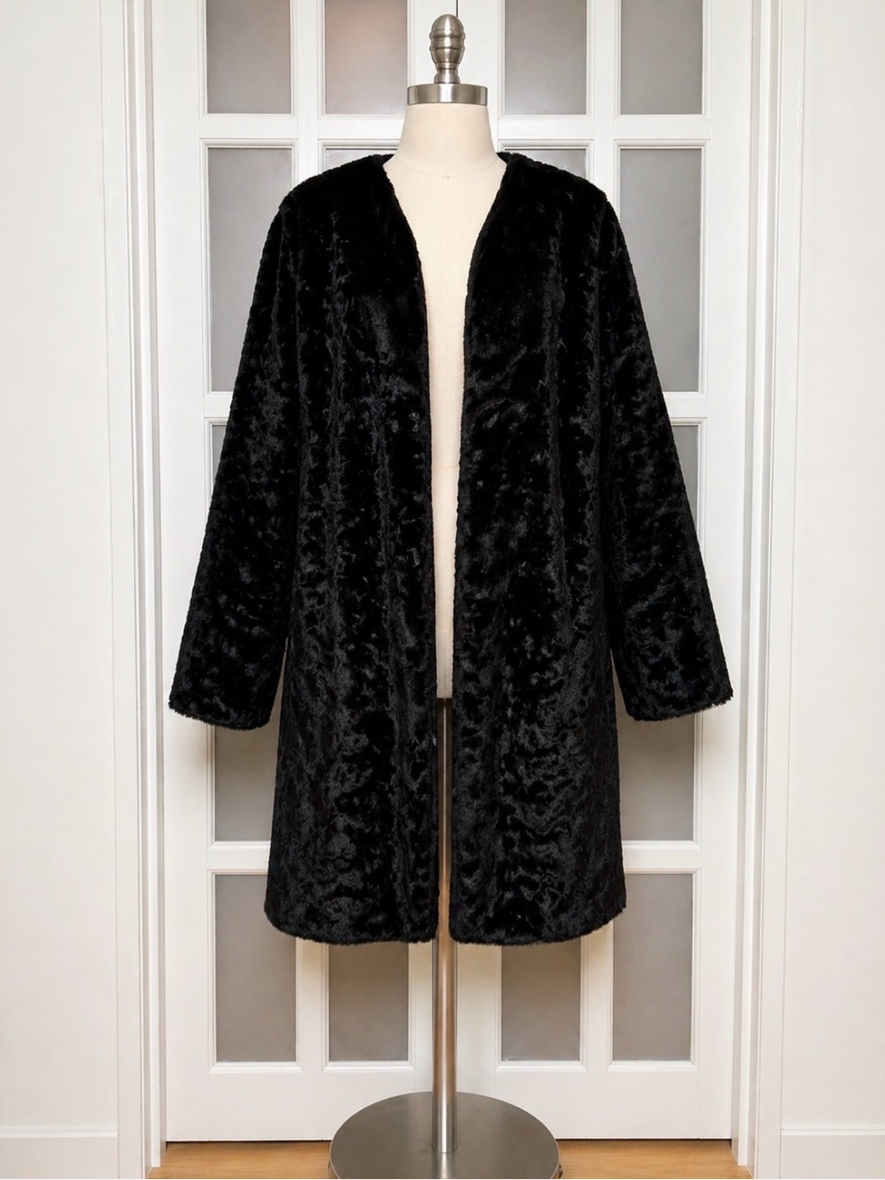 Uncle Frank Faux Fur Jacket S Black Open Front Floral Lined Boho